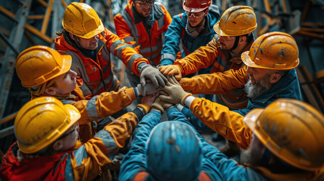 Construction site scene with diverse male and female workers, gathered in a circle, hands stacked in a show of unity, all wearing helmets and work gear.