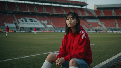 Young Asian woman in red sweatshirt on football field, sport at school