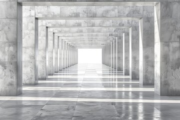 Sunlit modern corridor with white marble columns