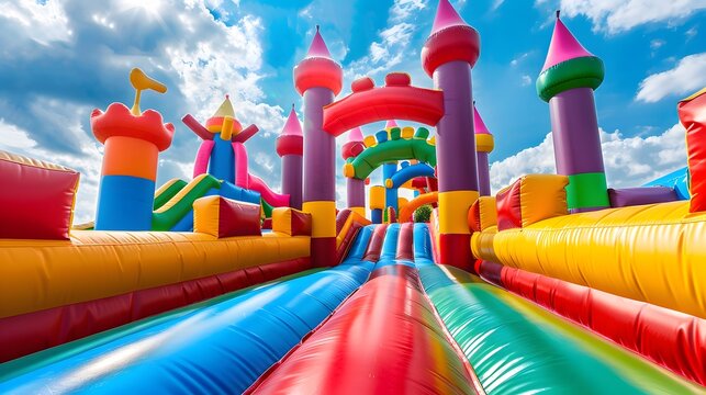 A colorful inflatable bouncy castle floating in the sky against blue skies. An exciting photo of an outdoor playground or park for kids.