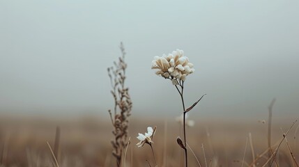Dramatic depiction of withered flower in the wind against soft grey sky, symbolizing end and relaxation, nature concept