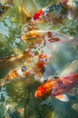 A close up of red and white japanese carp fishes swimming in the pond water and summer day.