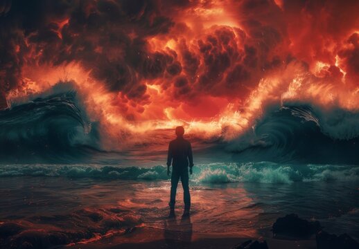 I am a brave man standing on the shore of a fire storm, inspiration for the fearless theme, deciding to face the problem, background wallpaper, and stock AI