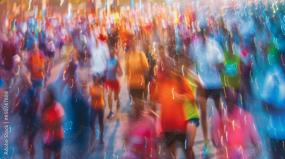 Poster vague forms of runners and crowds merging into a colorful blur.