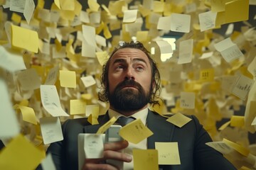 Overloaded employee, sticky notes everywhere, phone ringing, panicked look, medium shot