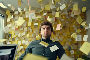 Overloaded employee, sticky notes everywhere, phone ringing, panicked look, medium shot