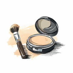3D Flat Icon: Sleek Compact Powder  Foundation Brush with Copy Space for Cosmetic Ads   Doodle Line Cartoon Style