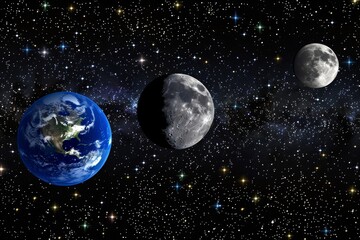Naklejka premium Cosmic view of Earth and moon amidst the starfield
