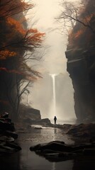 Solitary figure by a waterfall, autumn foliage, misty atmosphere, medium shot, calm expression