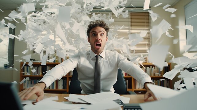 Stressed office worker, chaotic desk, papers flying, intense expression, high energy, wide shot