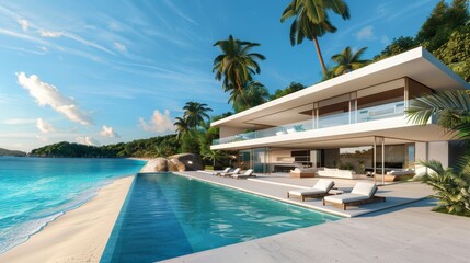 An exterior white modern villa with a swimming pool on the beach and sea view. Beautiful summer landscape with blue sky background.