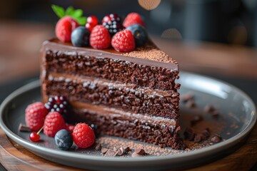 Delicious chocolate cake slice decorated with fresh berries on a plate, perfect for dessert or gourmet presentations.