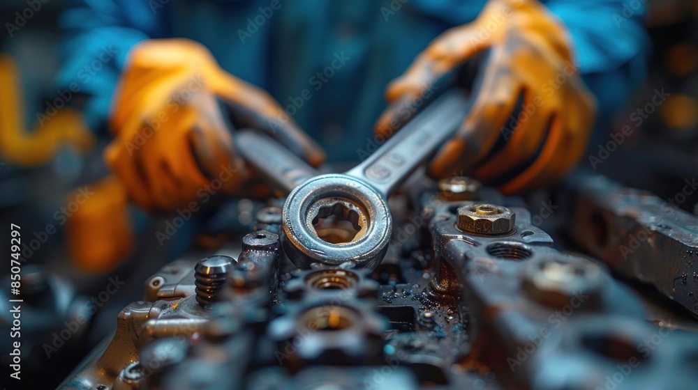 Poster close-up of mechanic's hands using a wrench