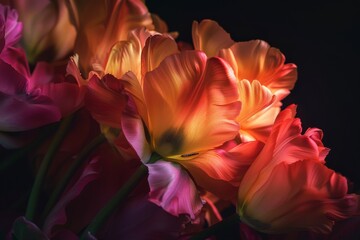 Obraz premium Fresh springtime tulips blossoms on horizontal floral poster. Colorful springtime flowers with green leaf isolated on blurry background. AI generated picture.