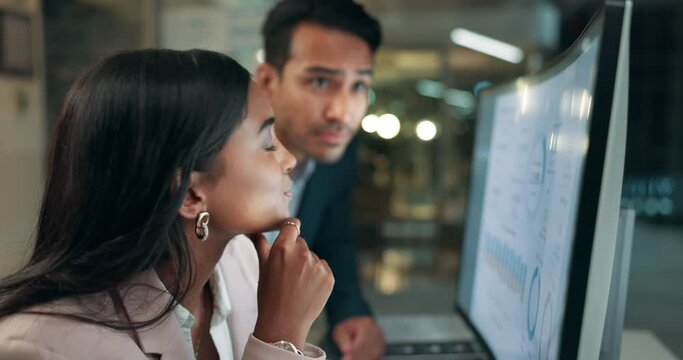 Office, man and woman at computer with advice, consulting and brainstorming together for online stats. Thinking, problem solving and business people at desk with data analytics, opinion and teamwork