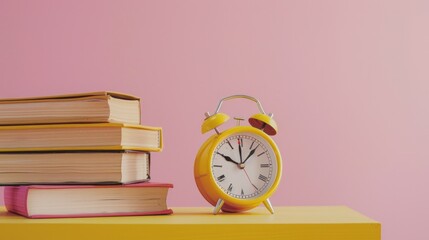 ellow alarm clock and books on table against pink background with copy space for text.