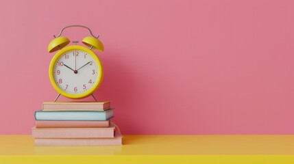 ellow alarm clock and books on table against pink background with copy space for text.