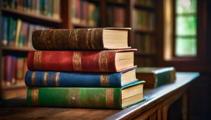 Close view of old and elegant colored books in brown, red, blue, and green tones, stacked on a wooden table in a classic-looking library ambience
