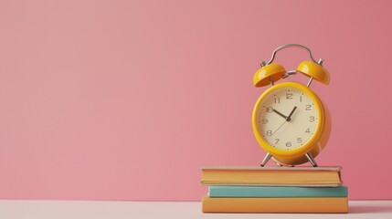 ellow alarm clock and books on table against pink background with copy space for text.