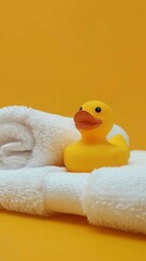 Sunny bath time with yellow rubber duck and fluffy white towel