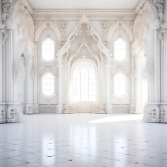 Obraz premium A large white room with gold ceiling and ornate walls There is a room with a door and a wall with a gold and white design