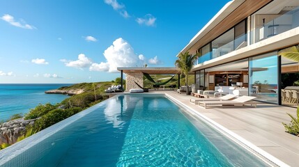 Fototapeta premium A sleek beachfront bungalow at Coral Bay, featuring glass facades and polished wood, infinity pool, hammocks, clear skies, contemporary coastal architecture, embodying simplicity.
