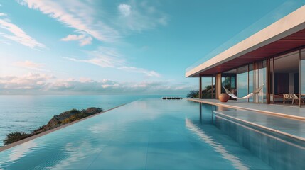 Fototapeta premium A sleek beachfront bungalow at Coral Bay, featuring glass facades and polished wood, infinity pool, hammocks, clear skies, contemporary coastal architecture, embodying simplicity.