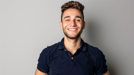 Obraz premium A happy millennial man in a polo shirt, confidently smiling against a solid grey background