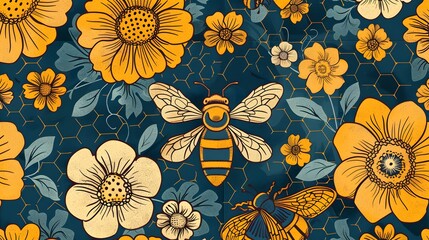 Retro 70s 60s groovy hippie flower bee honeycomb vector seamless pattern. Summer honey lover background. Bee aesthetic surface design