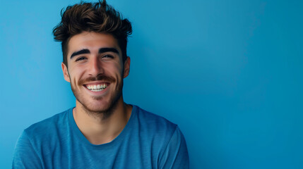 Fototapeta premium A happy millennial man posing confidently, looking directly at the camera and smiling with a solid blue background