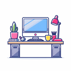 A Modern Desk Setup Icon with Copy Space for Email Newsletters: 3D Flat Icon in Doodle Line Cartoon Style, Ideal for Highlighting Morning Work Routines and Productivity Tools