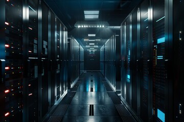 Fototapeta premium In the background, a data center humming with sleek and powerful servers is created using stock artificial intelligence (AI)