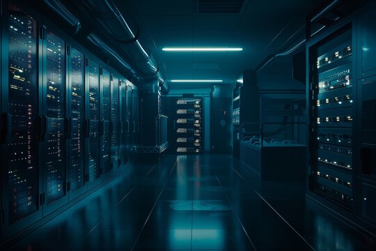 An artificial intelligence-generated data center full of sleek, powerful servers humming in the background