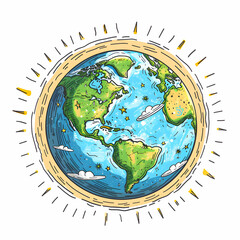 Naklejka premium 3D Flat Icon of Earth Protected from UV Rays by Ozone Layer Cartoon Style Illustration with Copy Space, Showing Ozone s Vital Role in Shielding Life from Harmful Radiation