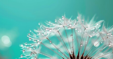 A close-up of dandelion seeds on a blue background with water drops
