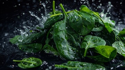 A mesmerizing splash of spinach leaves in black water is captured in an artistic image with a background of deep black.