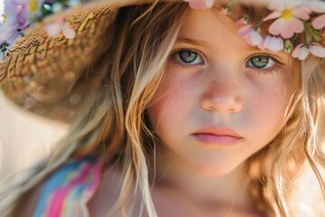 Little Girl With Flower Crown and Straw Hat