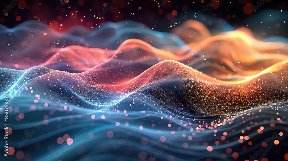 Poster digital abstraction with this enchanting smooth smoke particle wave, big data techno background