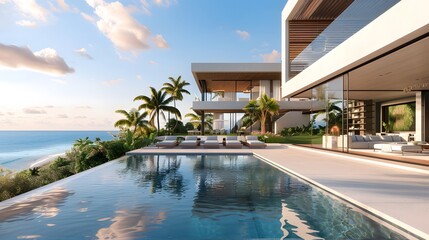 Fototapeta premium An elegant modern villa with large terraces overlooking the sea, white walls and wooden accents, featuring outdoor seating areas for relaxation, an infinity pool with clear blue water.