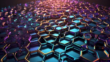 Fototapeta premium Hexagonal Elegance: A Futuristic Digital Tapestry of Geometric Intricacy and Radiant Color Gradients
