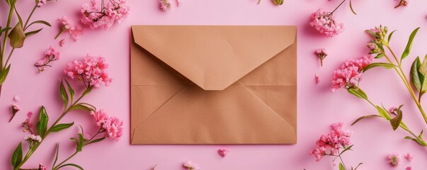 Elegant envelope and blooms close-up shot on pastel backdrop, with ample space for copy or designs.