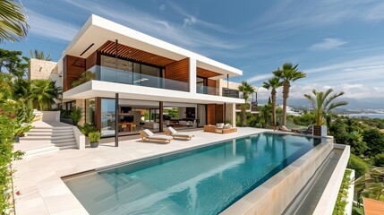 Fototapeta premium An elegant modern villa with large terraces overlooking the sea, white walls and wooden accents, featuring outdoor seating areas for relaxation, an infinity pool with clear blue water.
