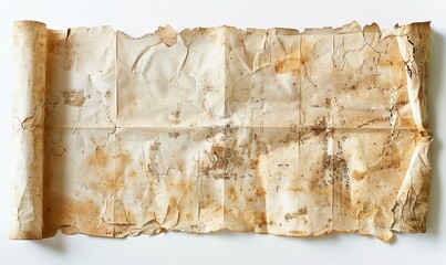 Old textured paper roll opened on white background