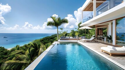 Fototapeta premium An elegant modern villa with large terraces overlooking the sea, white walls and wooden accents, featuring outdoor seating areas for relaxation, an infinity pool with clear blue water.