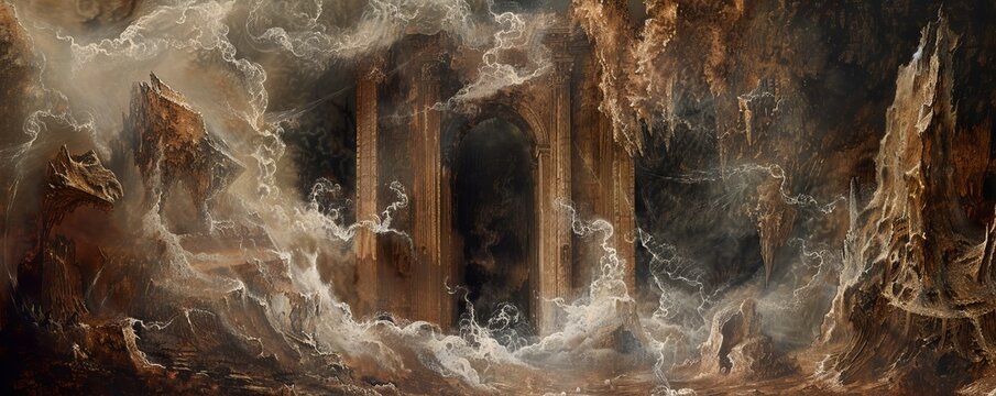 Ethereal depiction of Dante's Inferno gates, swirling smoke intensifying the despair inscribed within.
