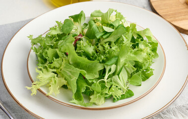 Fresh green lettuce leaves in a white plate on the table, healthy food