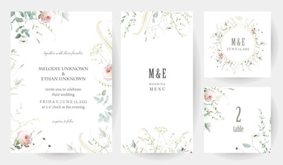Obraz premium Herbs, branches and rose flowers vector frames. Hand painted branches, leaves on white background. Greenery wedding simple minimalist invitations. Watercolor cards. Elements are isolated and editable