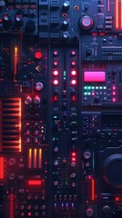 Obraz premium Close-up of a futuristic control panel with vibrant lights and various buttons, showcasing advanced technology and innovation.