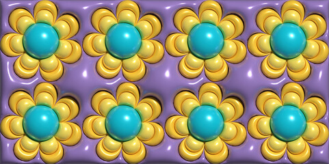 A repeating pattern consisting of repeating floral elements with yellow petals and blue centers on a purple background. 3D rendering illustration