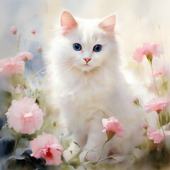 a white cat sitting in the flower